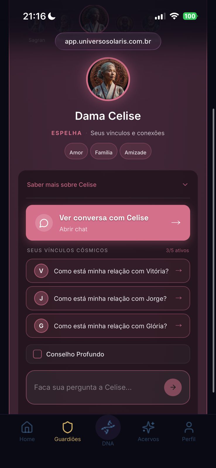Tela de Dama Celise com a lista de Vínculos Cósmicos